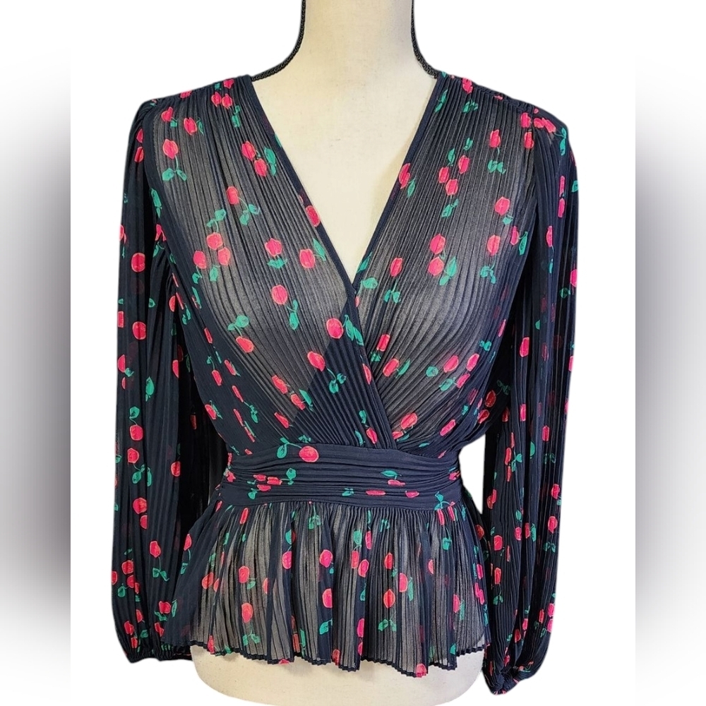The KOOPLES Cherry Print Pleated Peplum Blouse Women's Size (1) Small